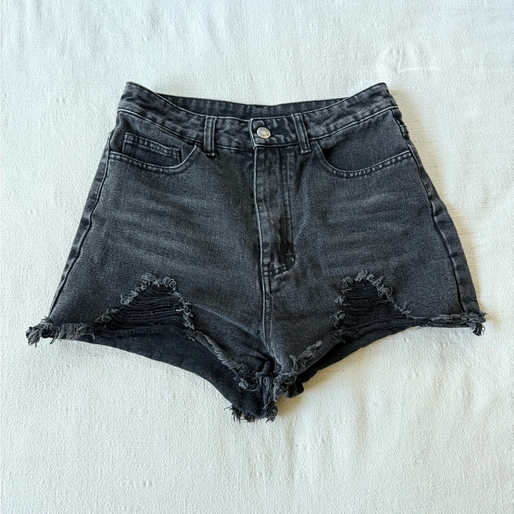 Distressed Black Denim Shorts